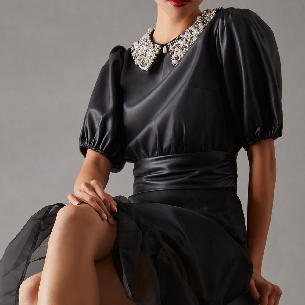 Anthropologie Faux Leather Puff Sleeve Blouse